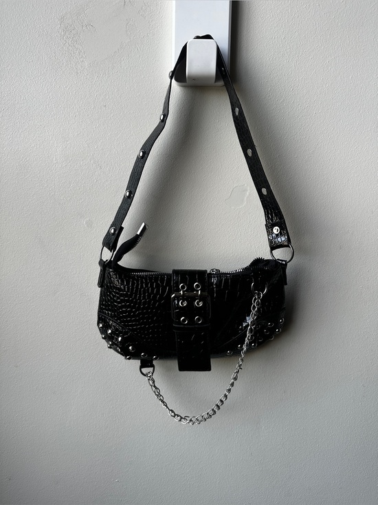 Unbranded Handbags - Y2K Black Croc Embossed Baguet Bag Goth Punk Shoulder Purse Buckle Chain Studded